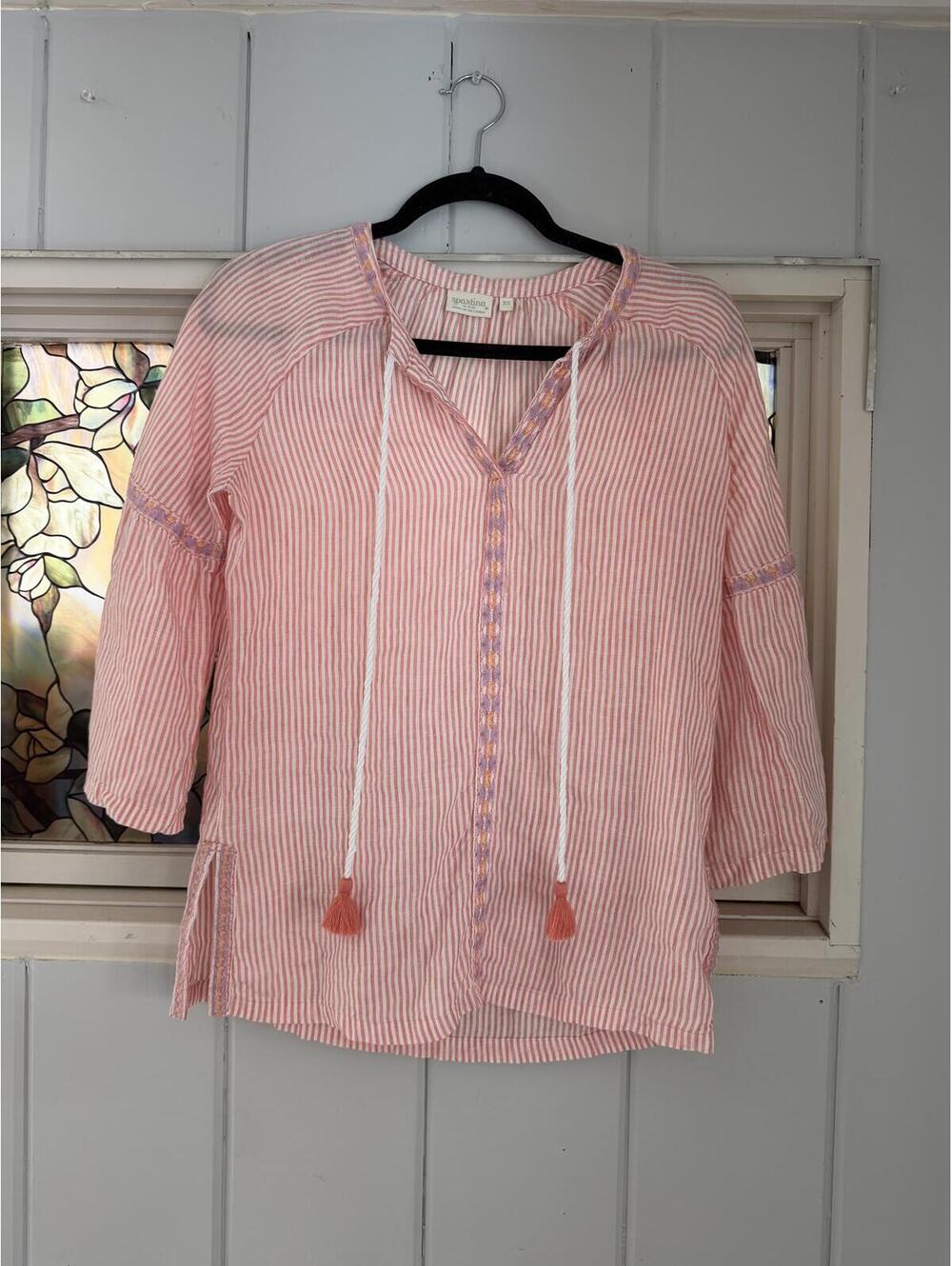 Spartina 449 Pink and White Striped Linen embroidered Blouse Size XS